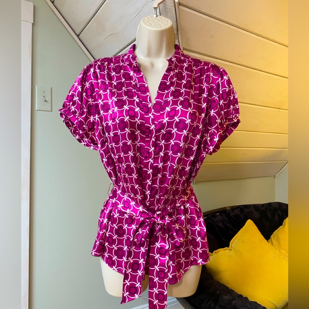 INC 100% Silk Sz 14 Wrap Blouse Magenta Pink International Concept Office Siren